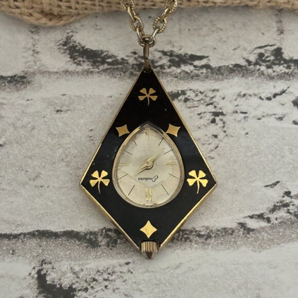 Endura Black Enamel Gold Tone Watch Pendant Necklace 24” - Picture 1 of 4